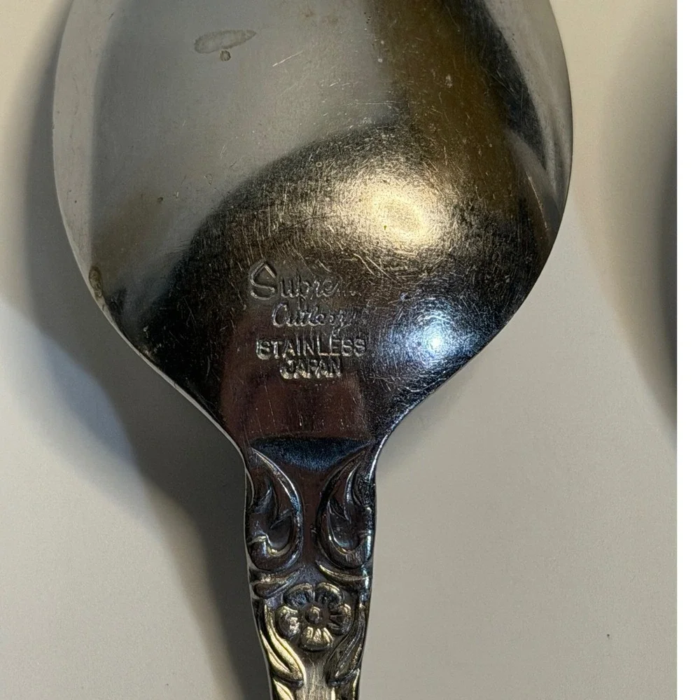 VTG Supreme Cutlery Silver Serving Spoons‎ Slotted Floral Scroll Stainless Japan